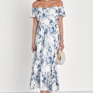 Lulu's Blue and White Floral Midi Dress